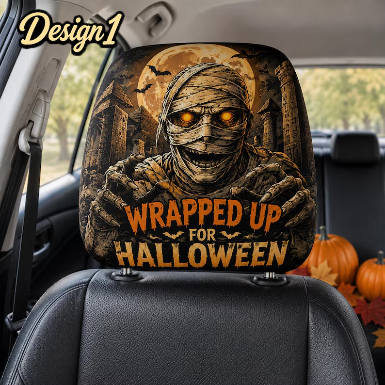 Classic Horror Headrest Cover (1pc), Vintage Halloween Clown Vampire Mummy Skeleton Car Decor, Spooky Auto Gift