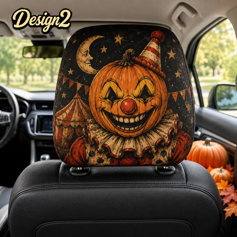 Classic Horror Headrest Cover (1pc), Vintage Halloween Clown Vampire Mummy Skeleton Car Decor, Spooky Auto Gift