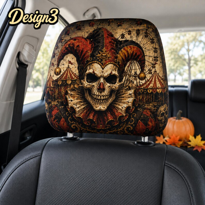 Classic Horror Headrest Cover (1pc), Vintage Halloween Clown Vampire Mummy Skeleton Car Decor, Spooky Auto Gift