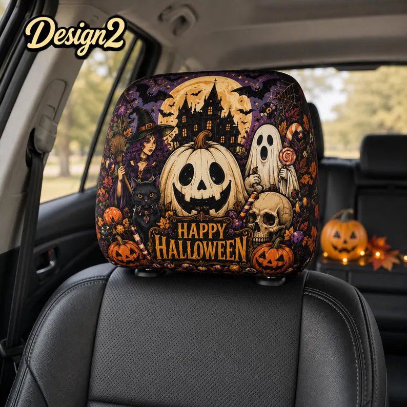 Moonlit Halloween Headrest Cover (1pc), Wolf Vampire Black Cat Pumpkin Car Decor, Spooky Auto Accessory