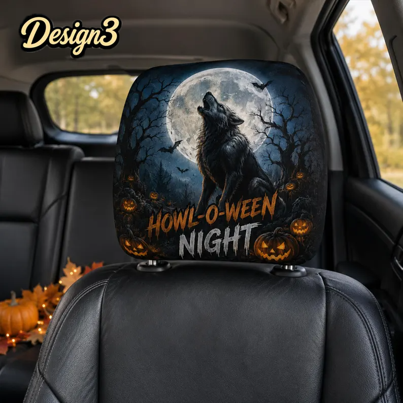 Moonlit Halloween Headrest Cover (1pc), Wolf Vampire Black Cat Pumpkin Car Decor, Spooky Auto Accessory