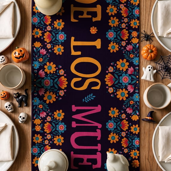 Suger Skull Halloween Table Runner,Watercolor Marigolds Skull Day of The Dead Table Runner，Supplies for kitchen Dining Roon,Halloween Home Party Decor
