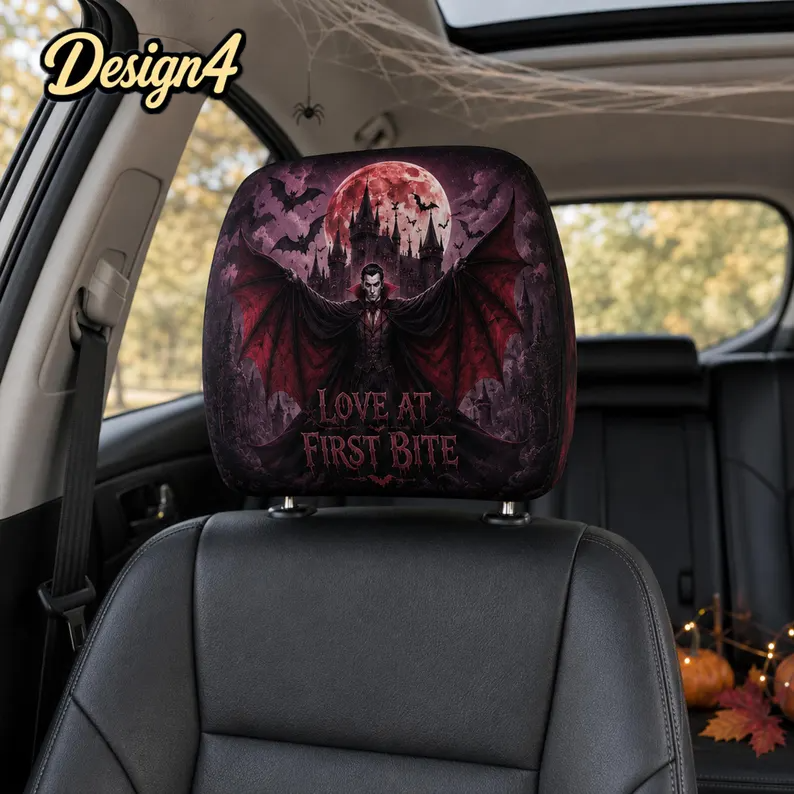 Moonlit Halloween Headrest Cover (1pc), Wolf Vampire Black Cat Pumpkin Car Decor, Spooky Auto Accessory