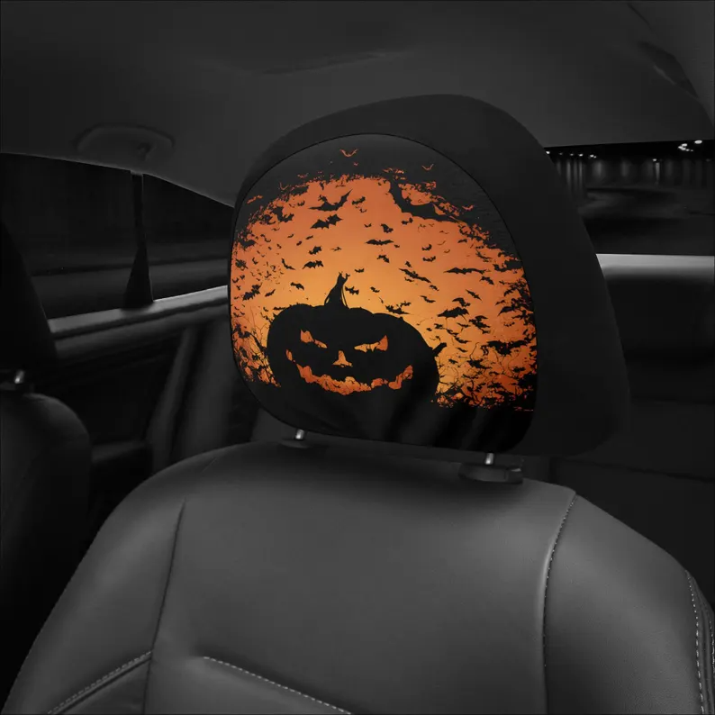 Halloween Car Headrest Cover (1pc), Jack-o'-lantern Black And Orange, Universal Fit For All Cars Jeep Bronco, Cadillac, Pumpkin Bats