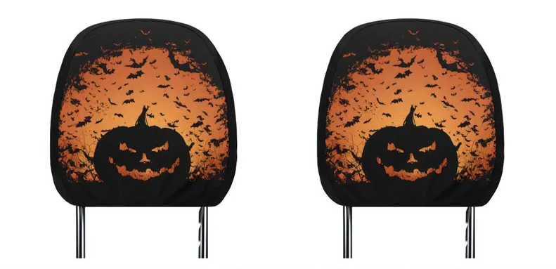 Halloween Car Headrest Cover (1pc), Jack-o'-lantern Black And Orange, Universal Fit For All Cars Jeep Bronco, Cadillac, Pumpkin Bats