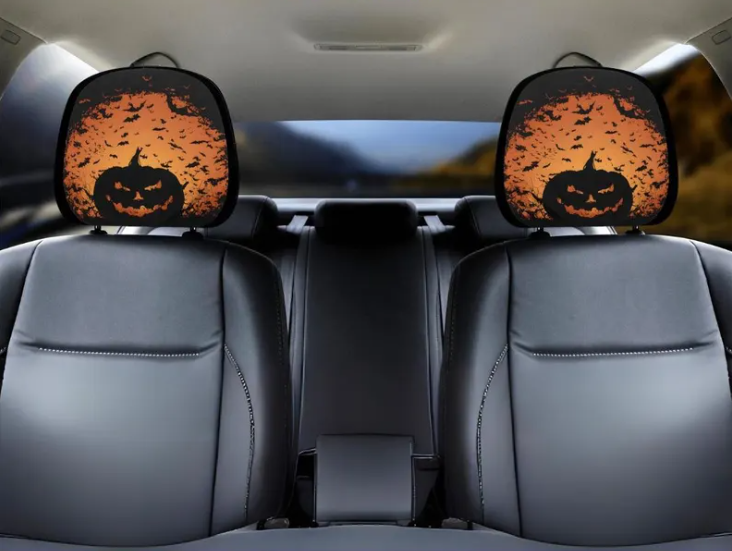 Halloween Car Headrest Cover (1pc), Jack-o'-lantern Black And Orange, Universal Fit For All Cars Jeep Bronco, Cadillac, Pumpkin Bats