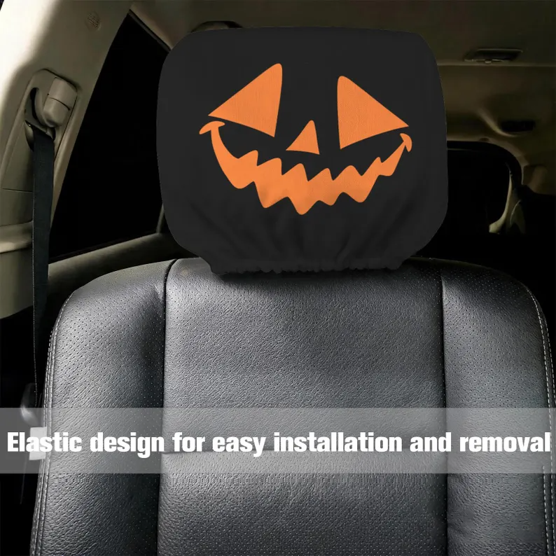 Spooky Halloween Jack-O-Lantern Face Car Headrest Cover (1pc), Gothic Pumpkin Auto Interior Decor, Pumpkin Vehicle Accessories