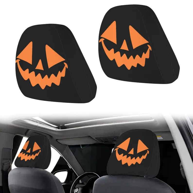 Spooky Halloween Jack-O-Lantern Face Car Headrest Cover (1pc), Gothic Pumpkin Auto Interior Decor, Pumpkin Vehicle Accessories