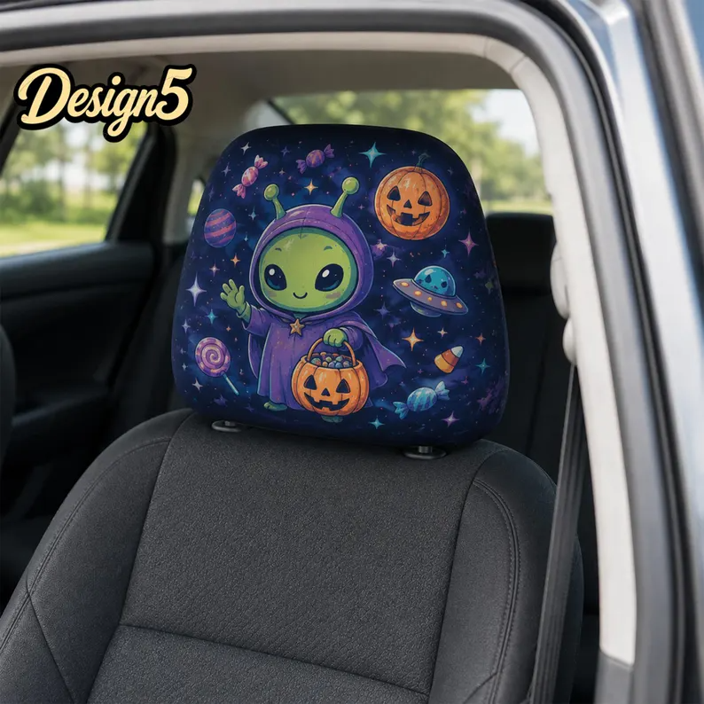 Cosmic Halloween Car Headrest Cover (1pc), Cute Alien, Space Ghost, Pumpkin Moon, Kawaii Galaxy Auto Interior Accessory