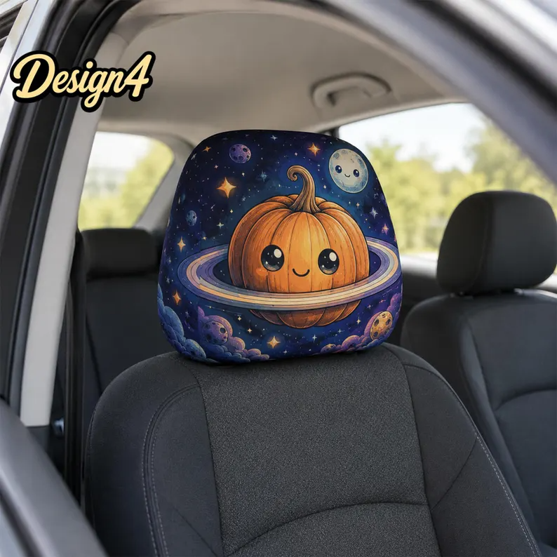 Cosmic Halloween Car Headrest Cover (1pc), Cute Alien, Space Ghost, Pumpkin Moon, Kawaii Galaxy Auto Interior Accessory