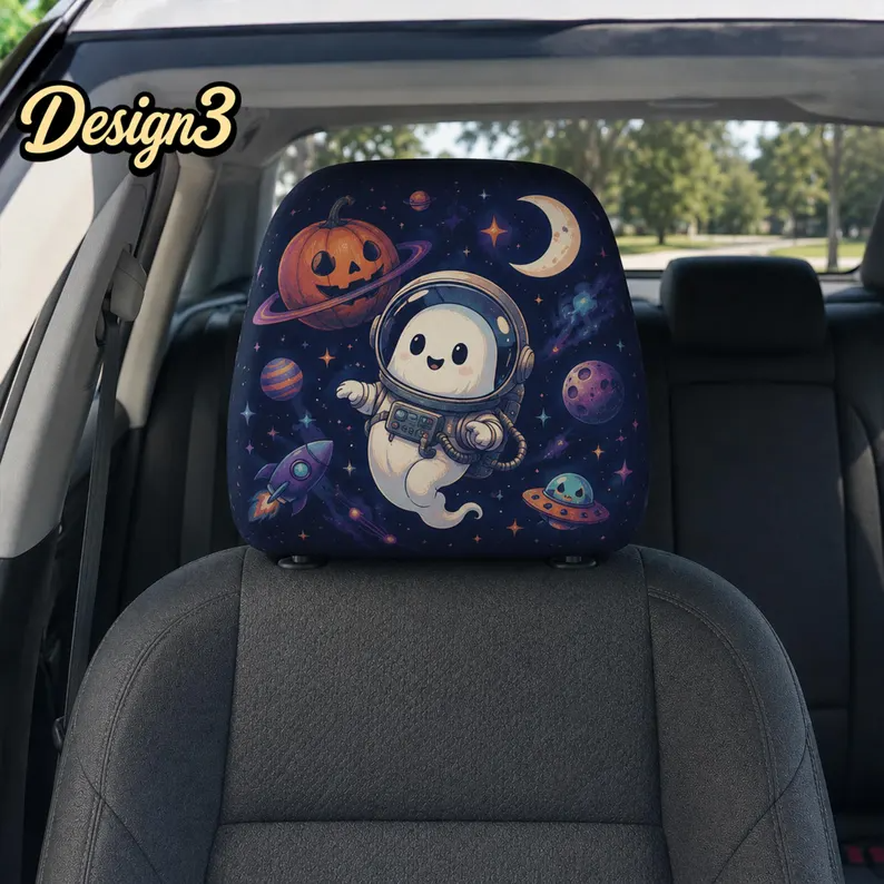 Cosmic Halloween Car Headrest Cover (1pc), Cute Alien, Space Ghost, Pumpkin Moon, Kawaii Galaxy Auto Interior Accessory