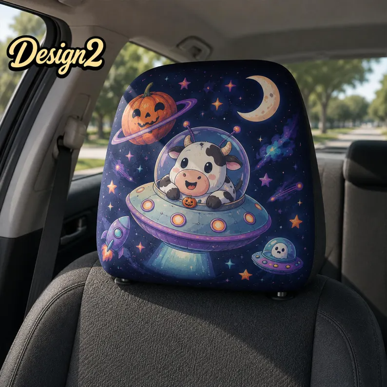 Cosmic Halloween Car Headrest Cover (1pc), Cute Alien, Space Ghost, Pumpkin Moon, Kawaii Galaxy Auto Interior Accessory