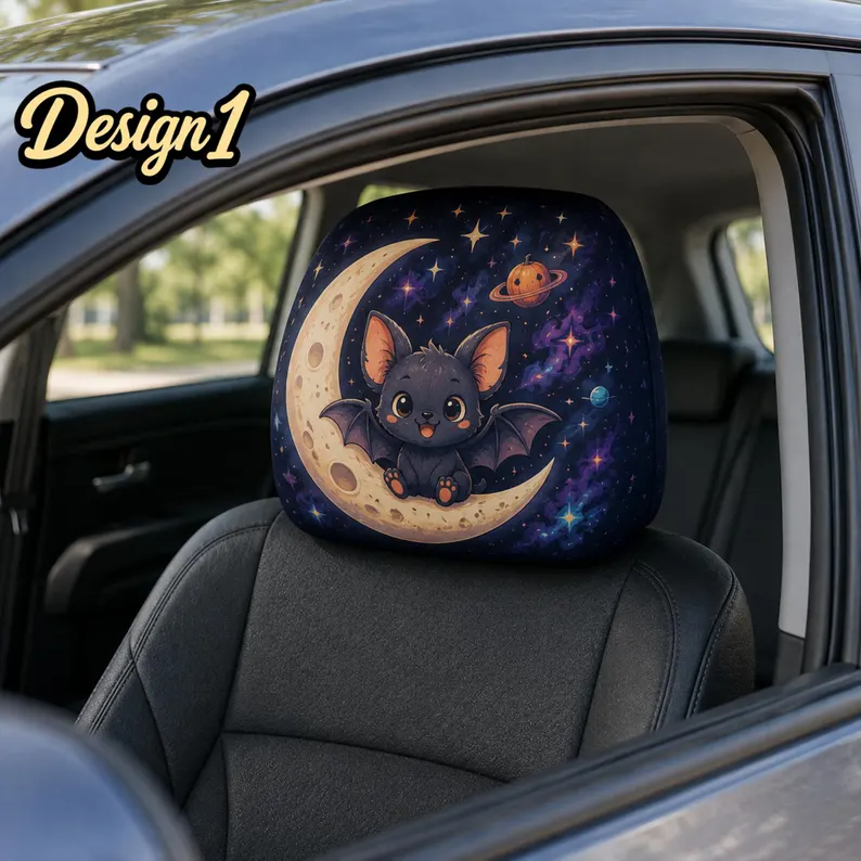 Cosmic Halloween Car Headrest Cover (1pc), Cute Alien, Space Ghost, Pumpkin Moon, Kawaii Galaxy Auto Interior Accessory