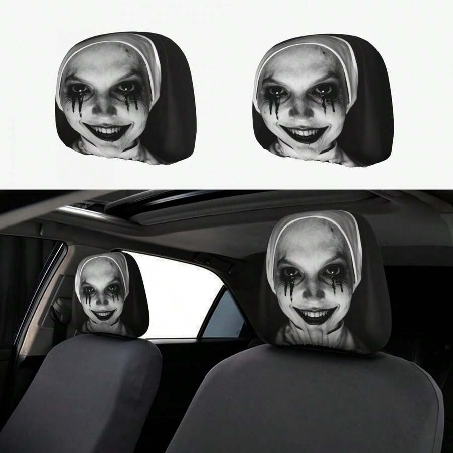 Car Seat Headrest Cover (1pc), Horror Ghost Face Print Car Interior Decoration Headrest Protector, Printed Car Headrest Covers, Easy To Install And Clean