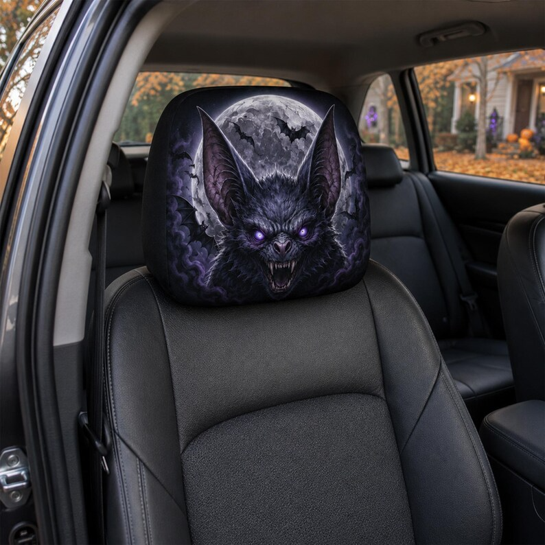 Monster Car Headrest Cover (1pc), Werewolf Skull King Vampire Bat, Gothic Halloween Car Decor, Horror Gift