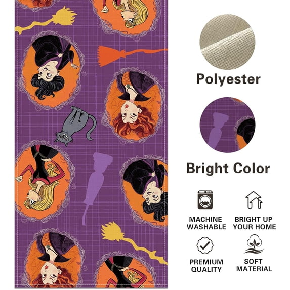 Halloween Witches Black Cat Dining Table Runner, Funny Hocus Pocus Kitty Broom Burlap Kitchen Decoration, Indoor Outdoor Home Decor Party Supply