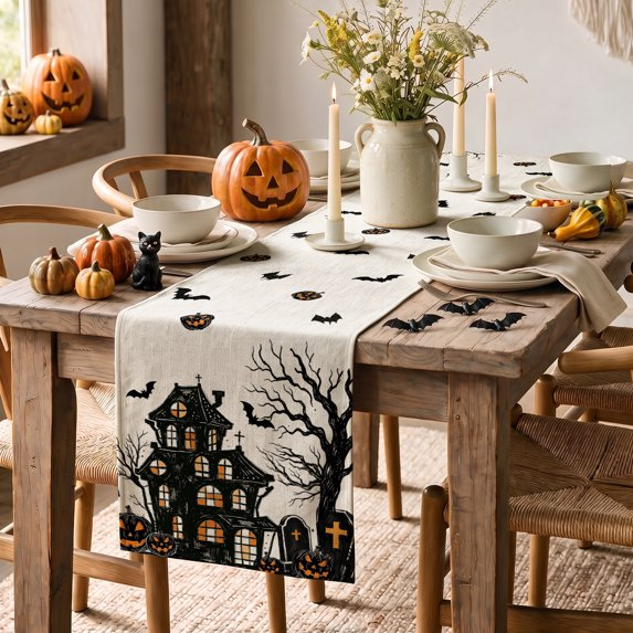 Black Halloween Table Runner with Castle Tree and Witch Pattern, Kitchen Dining Table Decoration for Home Party Decor