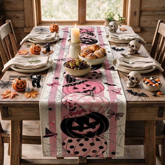 Polka Dot Pink Pumpkin Witch Hat Spider Web Ghost Bat Halloween Table Runner