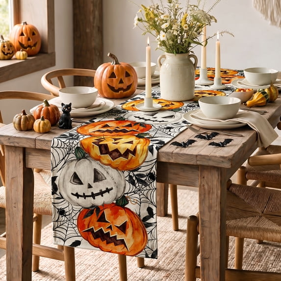 Jack O Lantern Pumpkin Ghost Spider Halloween Table Runner