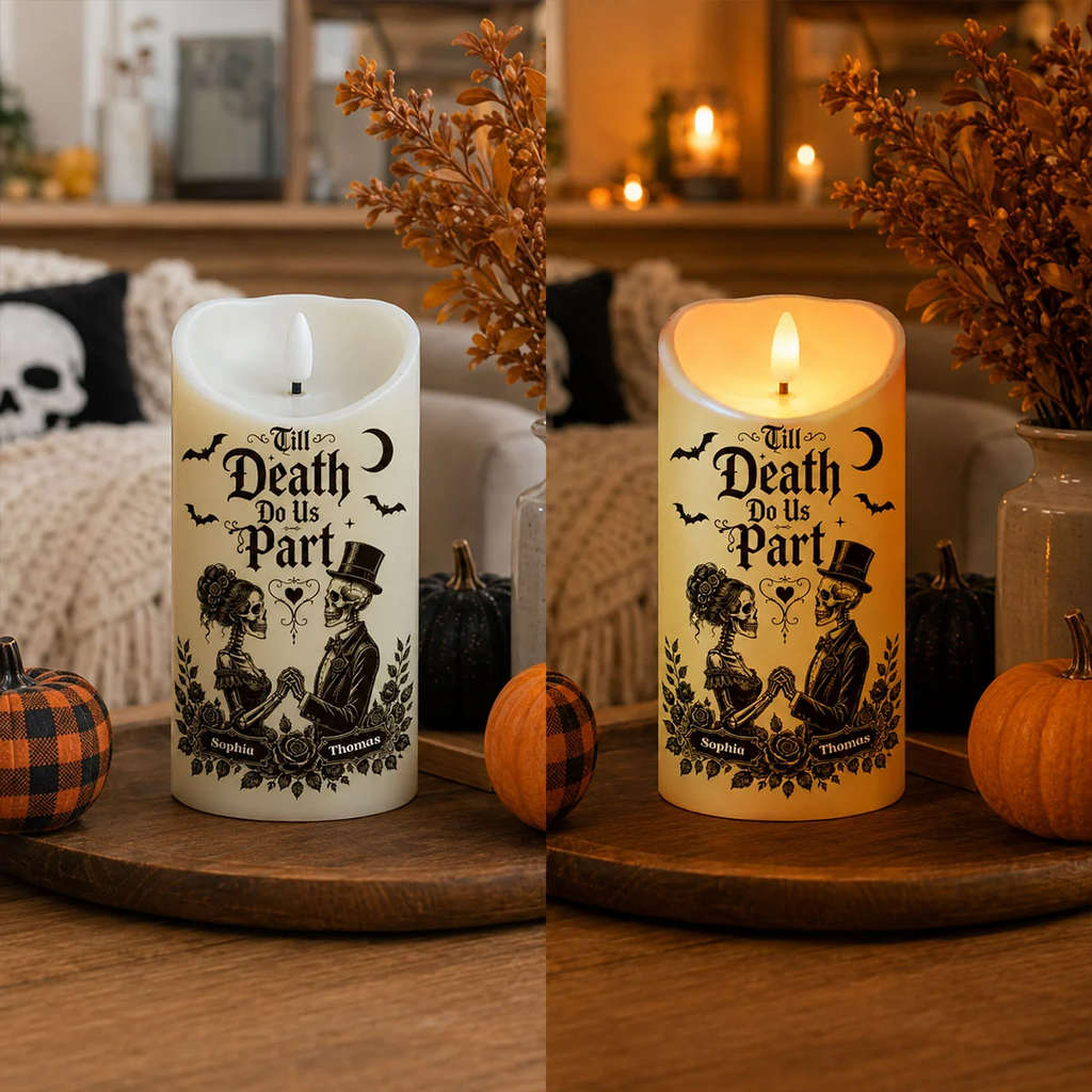 💀 Personalized Halloween Skeleton Couple LED Candle – Till Death Do Us Part, Gothic Black Decor for Couples 🖤🎃 (Copy)
