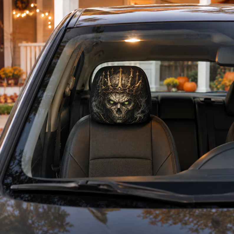 Monster Car Headrest Cover (1pc), Werewolf Skull King Vampire Bat, Gothic Halloween Car Decor, Horror Gift