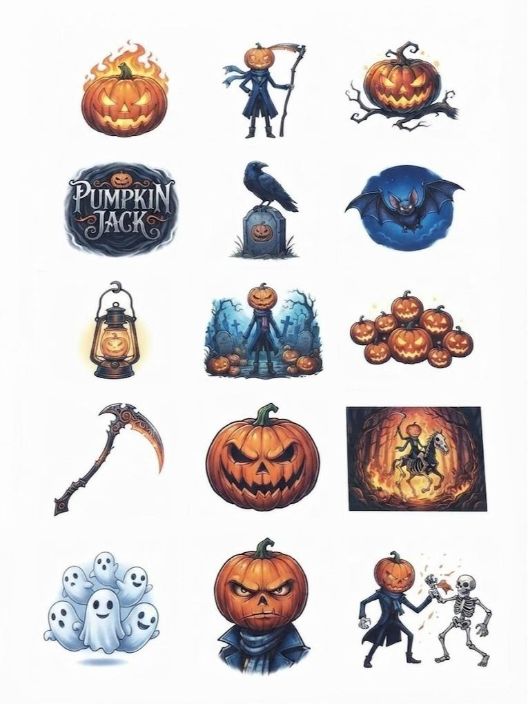 Pumpkin Jack Theme Temporary Tattoos, 15-Piece Pack, 5x5cm Size, Gift for Friends and Fans, Halloween Spirits Fun For Event