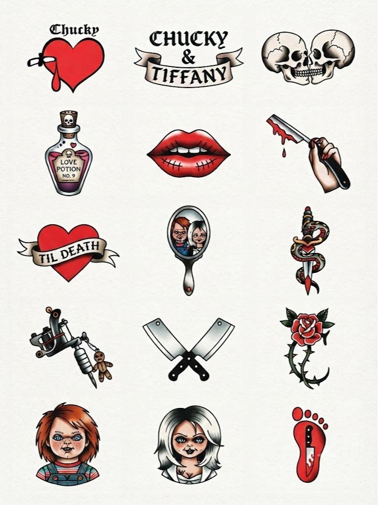 Bride of Chucky Temporary Tattoo, 15-Piece Pack, 5x5cm Size, Gift for Friends and Fans, Halloween Spirits Fun For Event