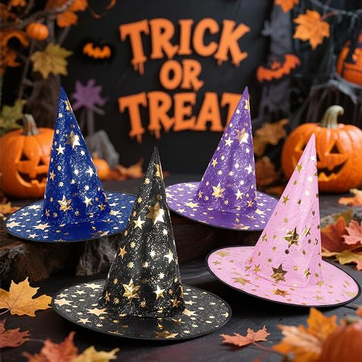 Century Star Witch Hat, Halloween Wizard Hat with Gold Star Party Hats for Adults Halloween Costume Accessories, Halloween Home Decor