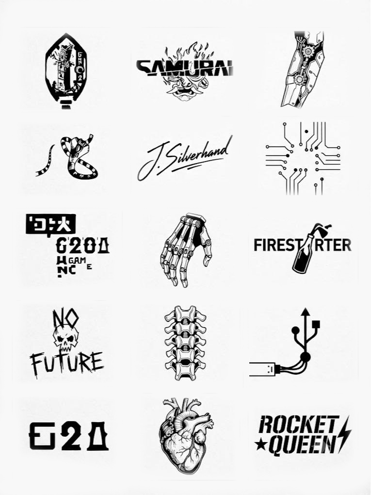 Johnny Silverhand Inspired Arm Tattoo Set - Cyberpunk Temporary Tattoo Set, 15-Piece Pack, 5x5cm Size, Gift for Friends and Fans, Halloween Spirits Fun For Event
