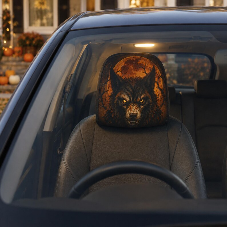 Monster Car Headrest Cover (1pc), Werewolf Skull King Vampire Bat, Gothic Halloween Car Decor, Horror Gift