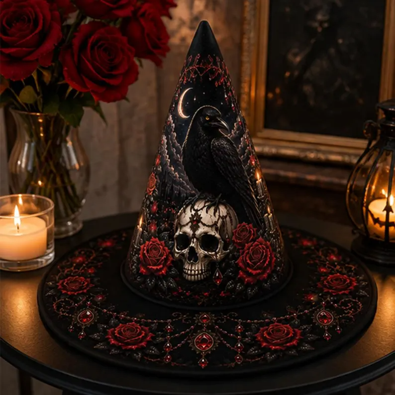 Halloween Witch Hat Gothic Raven Black Raven Skul Dark Rose Cosplay Hat, Halloween Costume, Accessories for Porch Yard Indoor Outdoor Decor