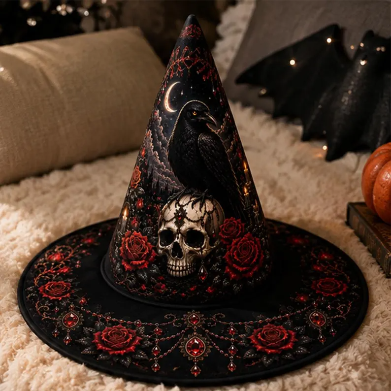 Halloween Witch Hat Gothic Raven Black Raven Skul Dark Rose Cosplay Hat, Halloween Costume, Accessories for Porch Yard Indoor Outdoor Decor