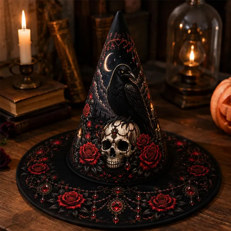 Halloween Witch Hat Gothic Raven Black Raven Skul Dark Rose Cosplay Hat, Halloween Costume, Accessories for Porch Yard Indoor Outdoor Decor