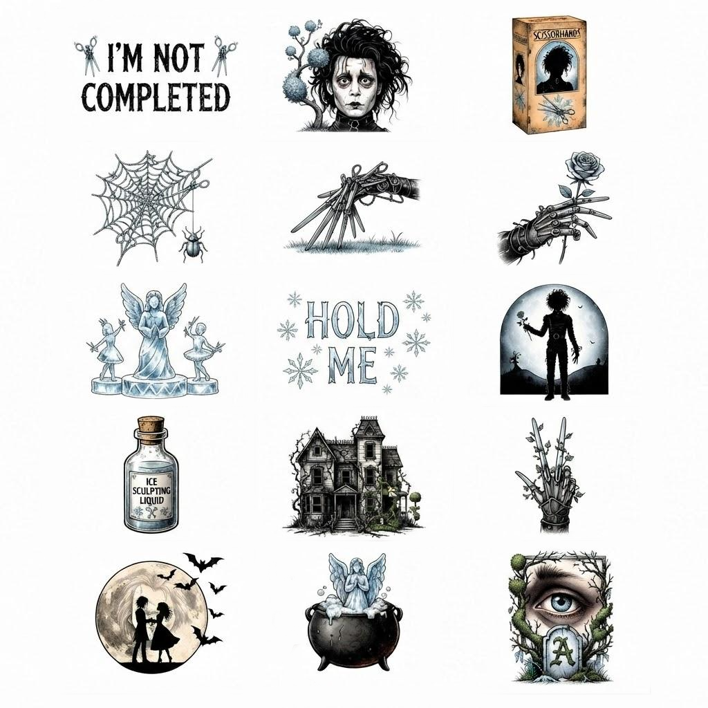 Edward Scissorhands Theme Temporary Tattoos, 15-Piece Pack, 5x5cm Size, Gift for Friends and Fans, Halloween Spirits Fun For Event