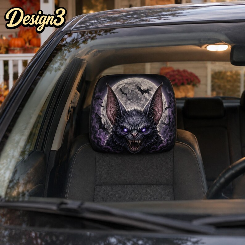 Monster Car Headrest Cover (1pc), Werewolf Skull King Vampire Bat, Gothic Halloween Car Decor, Horror Gift