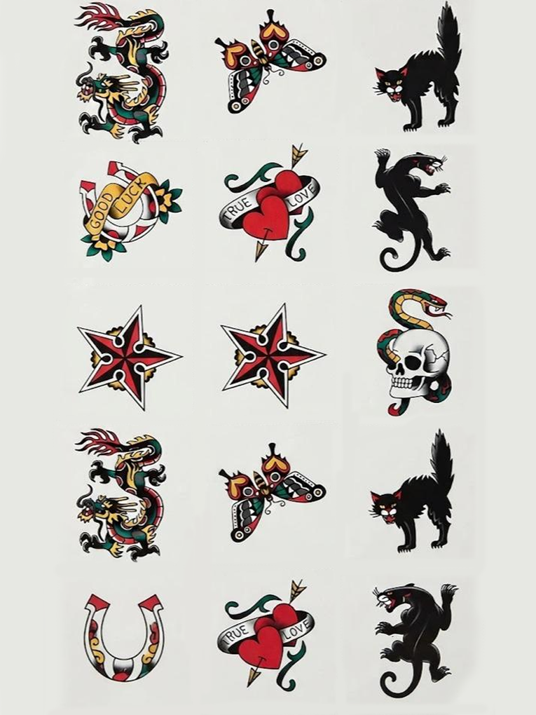 Old School Sailor Temporary Tattoos, Skin Safe | Removable, 15-Piece Pack, 5x5cm Size, Gift for Friends and Fans, Halloween Spirits Fun For Event