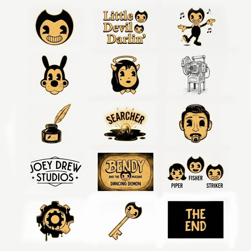 Bendy — Bendy and the Ink Machine Theme Temporary Tattoos, 15-Piece Pack, 5x5cm Size, Gift for Friends and Fans, Halloween Spirits Fun For Event