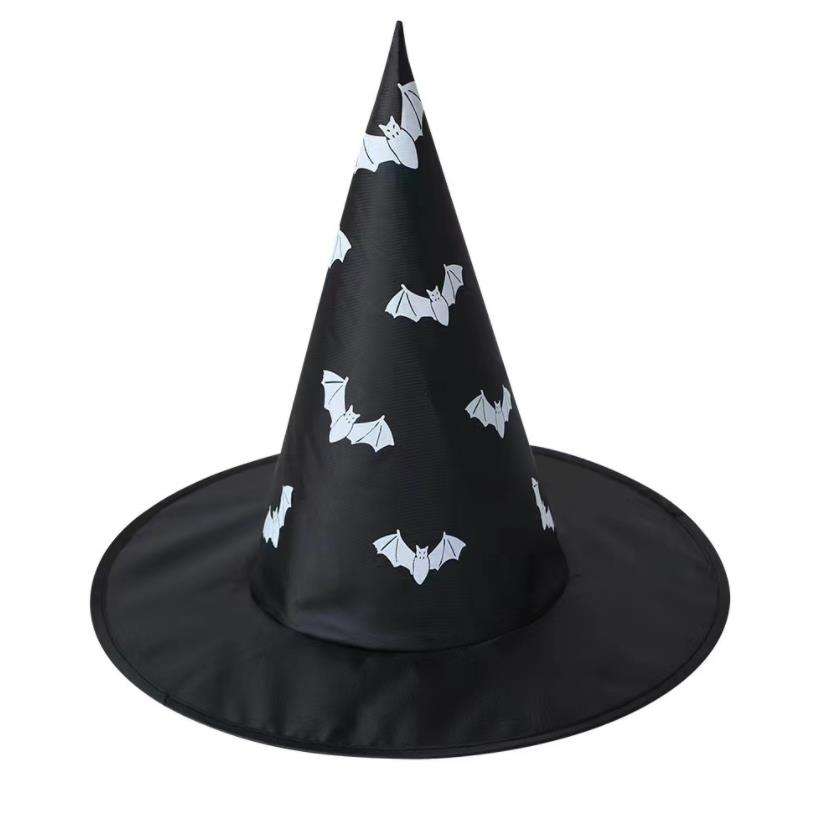 Black Witch Wizard Hat with Bats Prints Halloween Decoration and Cosplay Costume Props, Accessories for Porch Yard Indoor Outdoor Decor