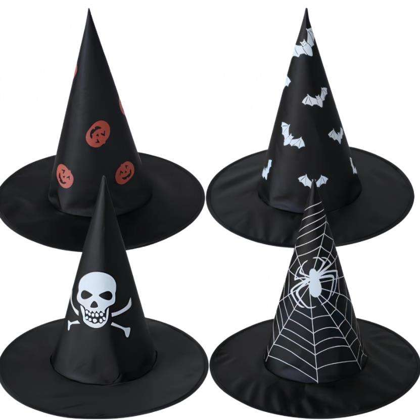 Black Witch Wizard Hat with Pumpkin Spider Web Bat Prints Halloween Decoration and Cosplay Costume Props, Accessories for Porch Yard Indoor Outdoor Decor