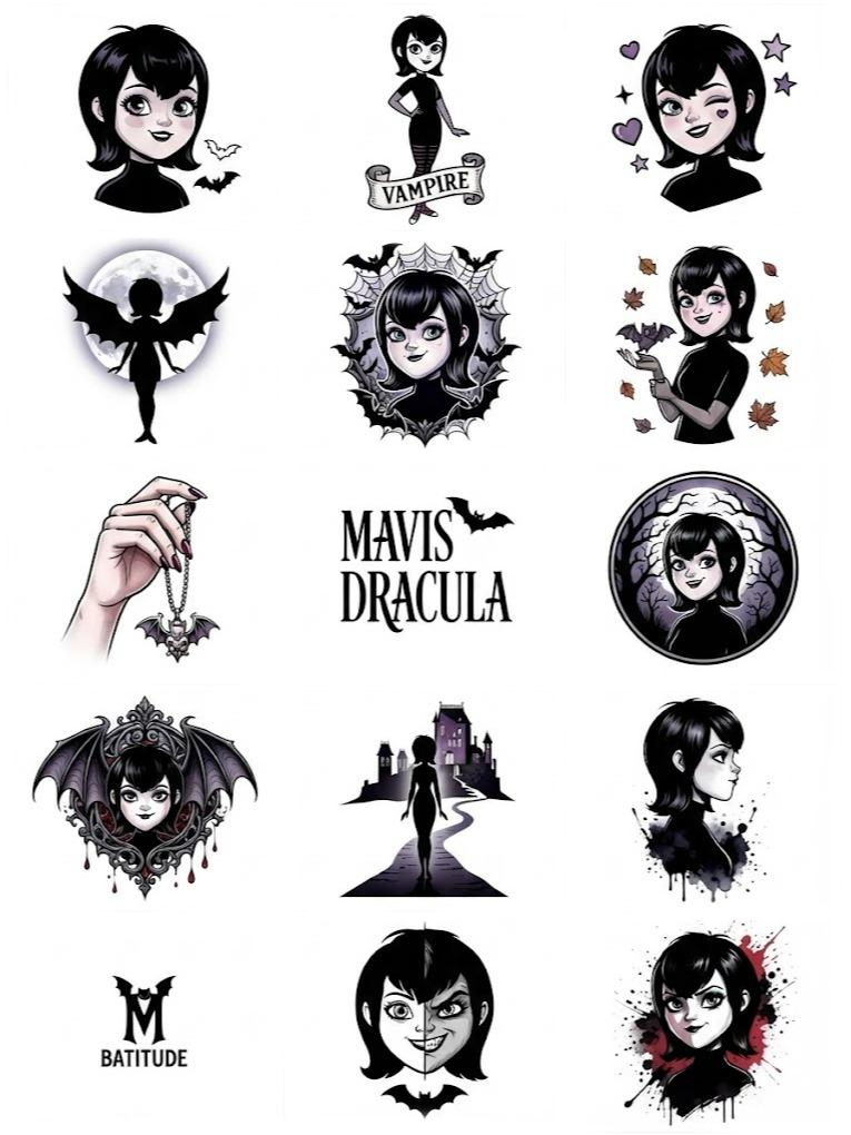 Mavis Dracula Theme Temporary Tattoos, 15-Piece Pack, 5x5cm Size, Gift for Friends and Fans, Halloween Spirits Fun For Event