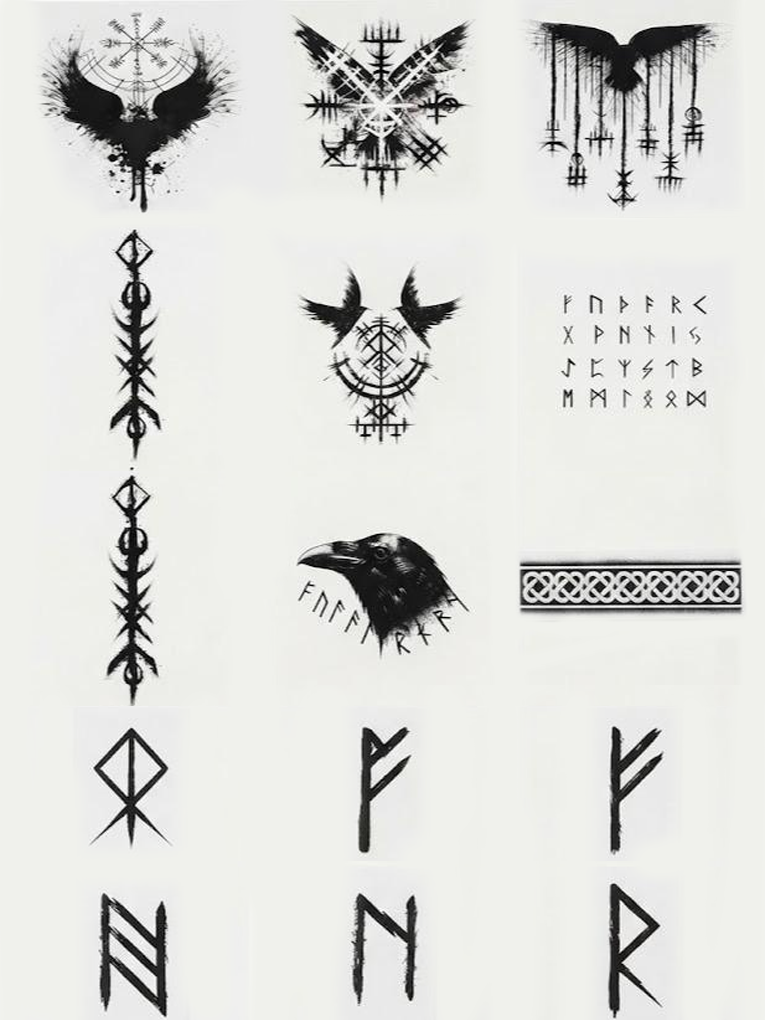 Viking Temporary Tattoos: Raven, Runes - Halloween Renfaire Cosplay Kit, 15-Piece Pack, 5x5cm Size, Gift for Friends and Fans, Halloween Spirits Fun For Event