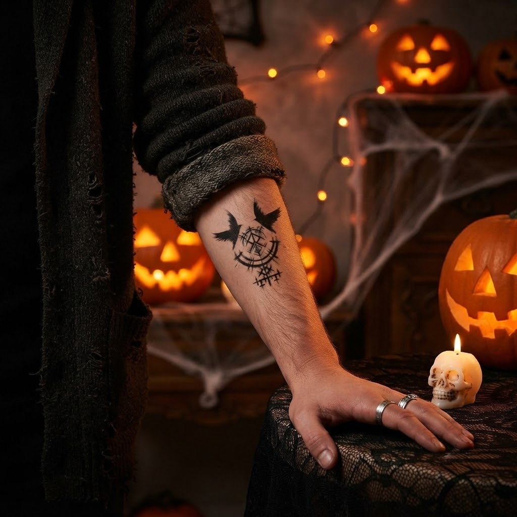 Viking Temporary Tattoos: Raven, Runes - Halloween Renfaire Cosplay Kit, 15-Piece Pack, 5x5cm Size, Gift for Friends and Fans, Halloween Spirits Fun For Event