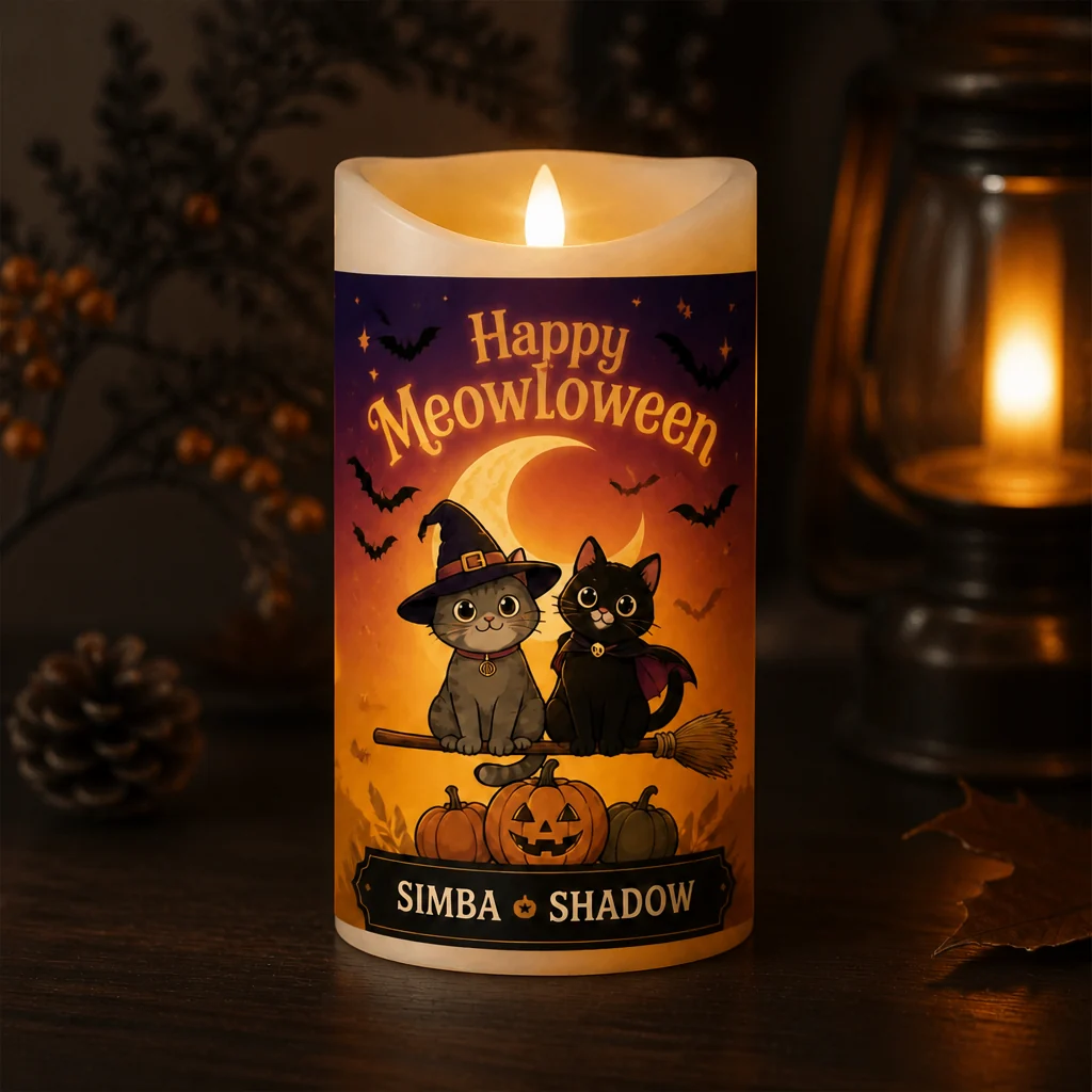 🎃 Happy Meowloween Personalized Cat LED Candle - Personalized Custom Led Flameless Candle