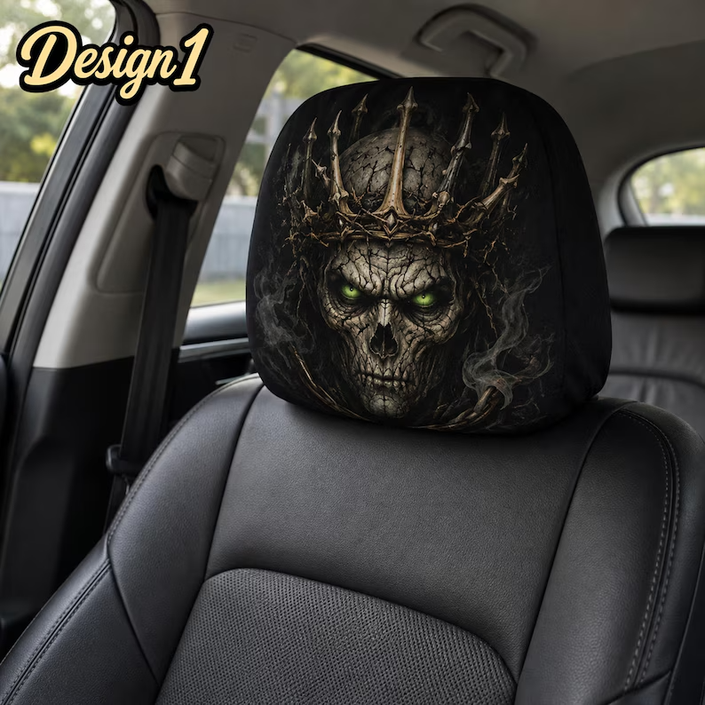 Monster Car Headrest Cover (1pc), Werewolf Skull King Vampire Bat, Gothic Halloween Car Decor, Horror Gift