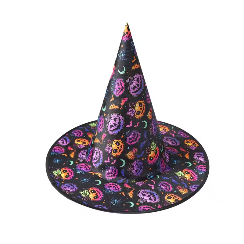 Halloween Black Purple Witch Hat Costume Pumpkins Pattern, Cosplay Headwear for Halloween, Costume and Makeup Party Decor