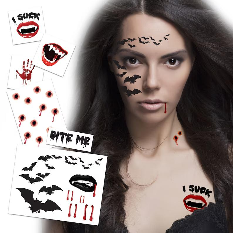 Vampire Horror Temporary Tattoos, Skin Safe | Removable, 15-Piece Pack, 5x5cm Size, Gift for Friends and Fans, Halloween Spirits Fun For Event