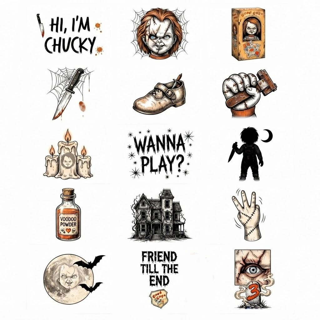 Chucky Theme Temporary Tattoos, 15-Piece Pack, 5x5cm Size, Gift for Friends and Fans, Halloween Spirits Fun For Event