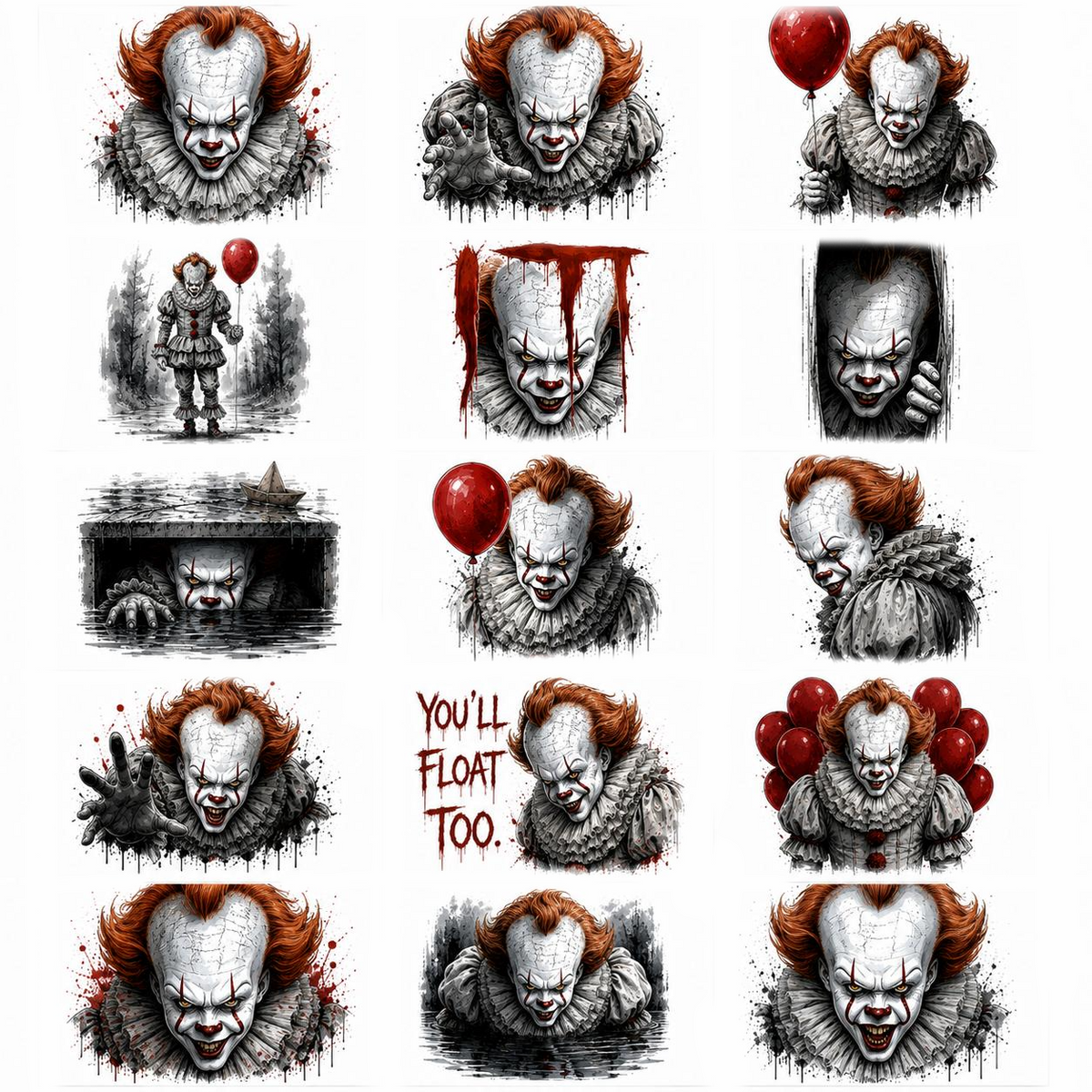 Pennywise Theme Temporary Tattoos, 15-Piece Pack, 5x5cm Size, Gift for Friends and Fans, Halloween Spirits Fun For Event