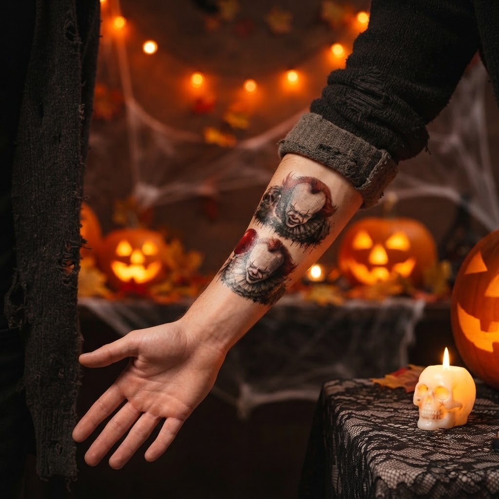 Pennywise Theme Temporary Tattoos, 15-Piece Pack, 5x5cm Size, Gift for Friends and Fans, Halloween Spirits Fun For Event