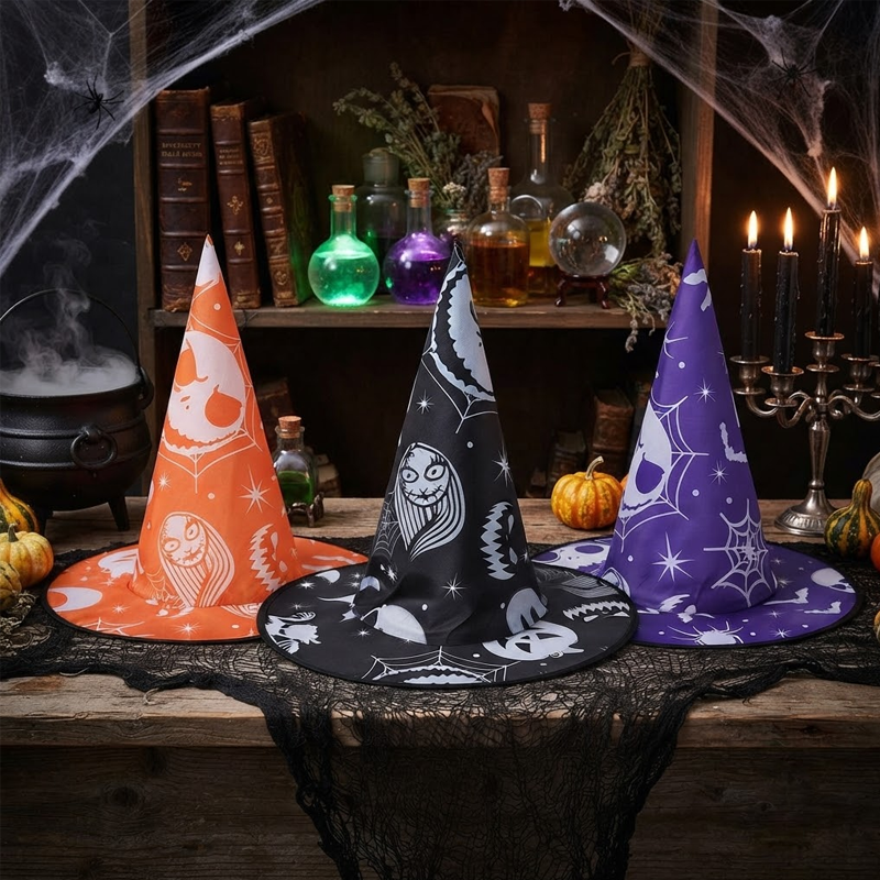 Halloween Witch Hat Costume Jack Skellington And Sally Pattern, The Nightmare Before Christmas Cosplay Headwear for Halloween, Costume and Makeup Party Decor